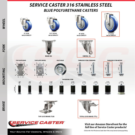 Service Caster 5 Inch 316SS Blue Polyurethane Wheel Swivel 10mm Stem Caster Set Lock Brake SS316TSTTL20S514-PPUB-BLUE-M1015-4